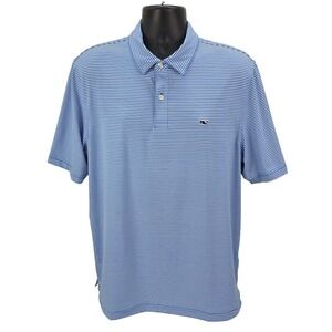 Vineyard Vines Mens Large Performance Polo Shirt Blue White Striped Golf Whale